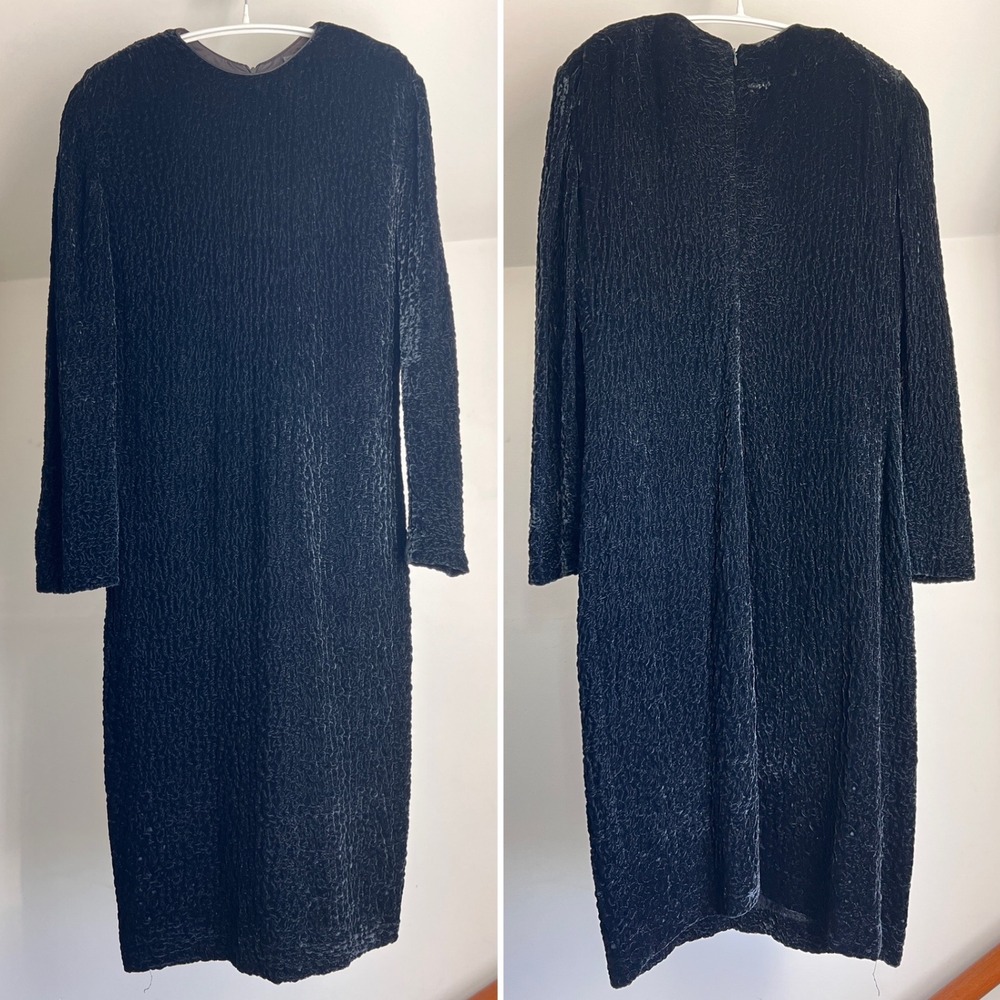 Vintage 80s Black Velvet‎ Textured Midi Dress Size 6 Bold Shoulder Long Sleeve